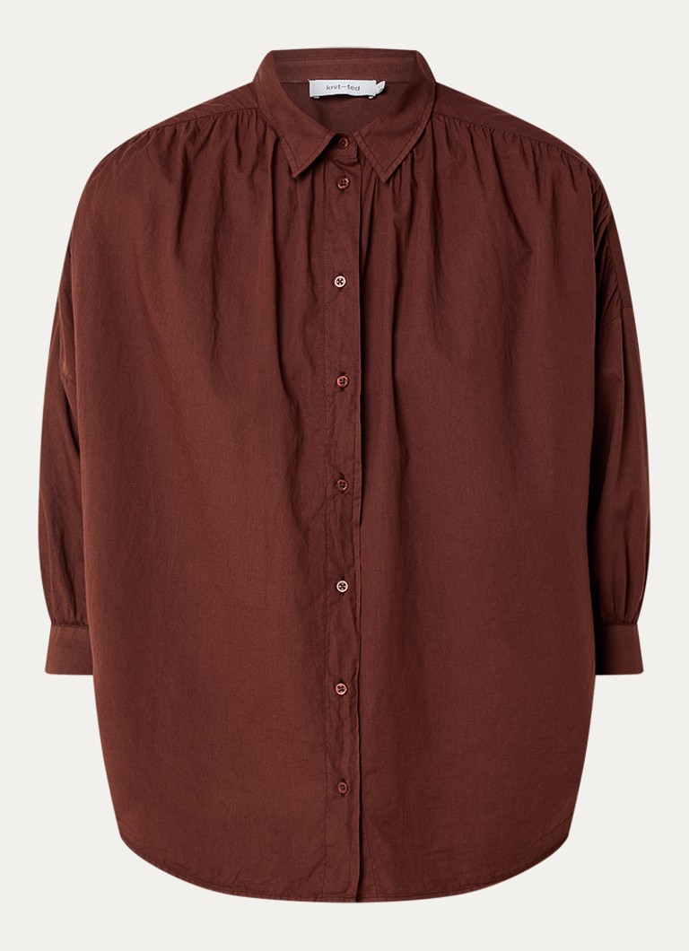 Knit-ted Dames Mook blouse met plooidetail in de kleur Kastanjebruin, maat: s