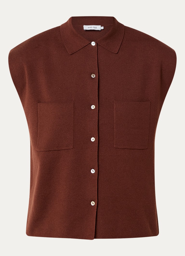 Knit-ted Dames Pam fijngebreid gilet met opgestikte zakken in de kleur Kastanjebruin, maat: xs