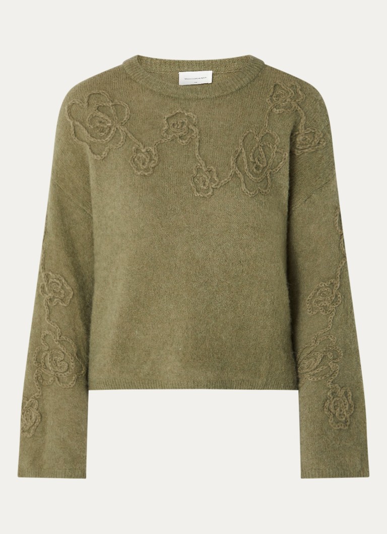 MSCH Copenhagen Dames MSCHMiabelle Hope fijngebreide pullover in alpaca wolblend met bloemborduring in de kleur Olijfgroen, maat: L/XL