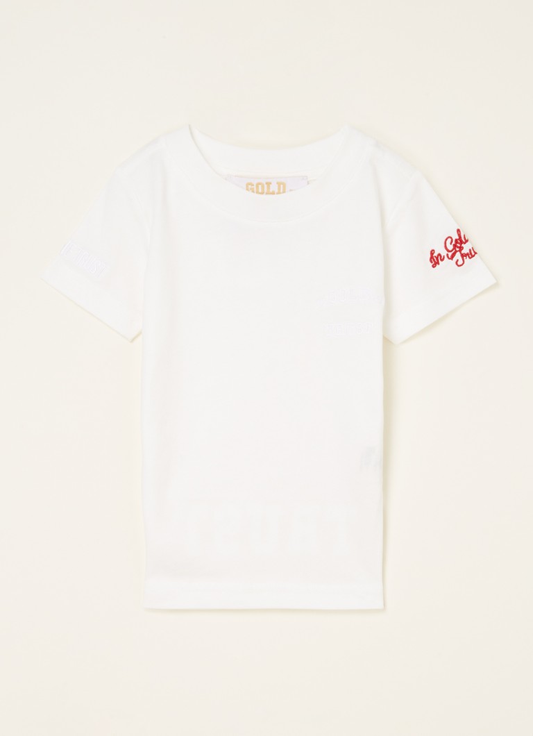 In Gold We Trust - T-shirt van biologisch katoen met logoborduring  - Gebroken wit