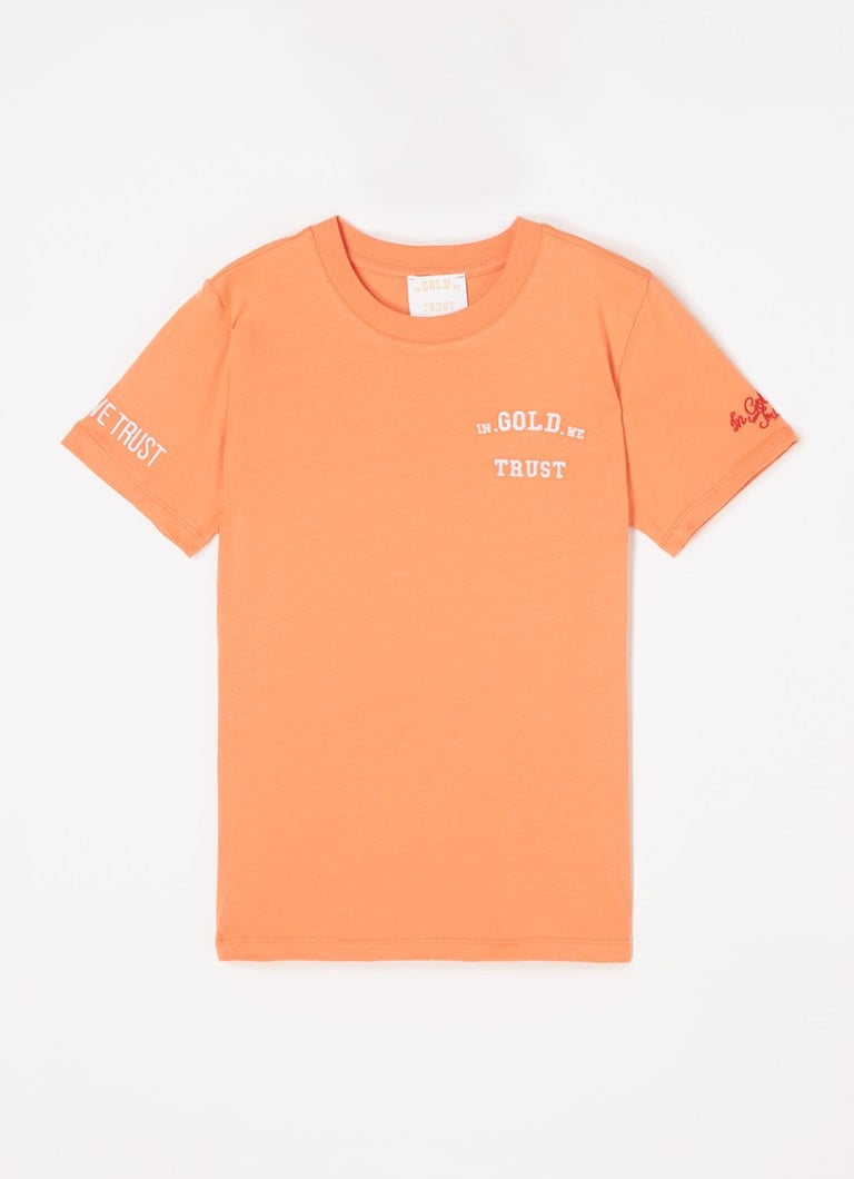 condoom output Weinig In Gold We Trust The Pusha T-shirt van biologisch katoen met logoborduring  • Oranje • de Bijenkorf