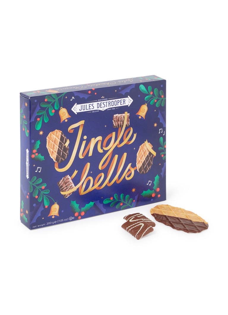 Jules Destrooper - Jules Jingle Bells natuurboterwafels en kaneelkoekjes in melkchocolade 200 gram - Donkerblauw