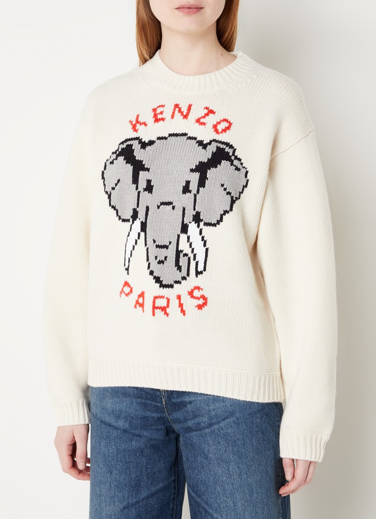 KENZO - Elephant trui in wolblend met ingebreid logo - Gebroken wit