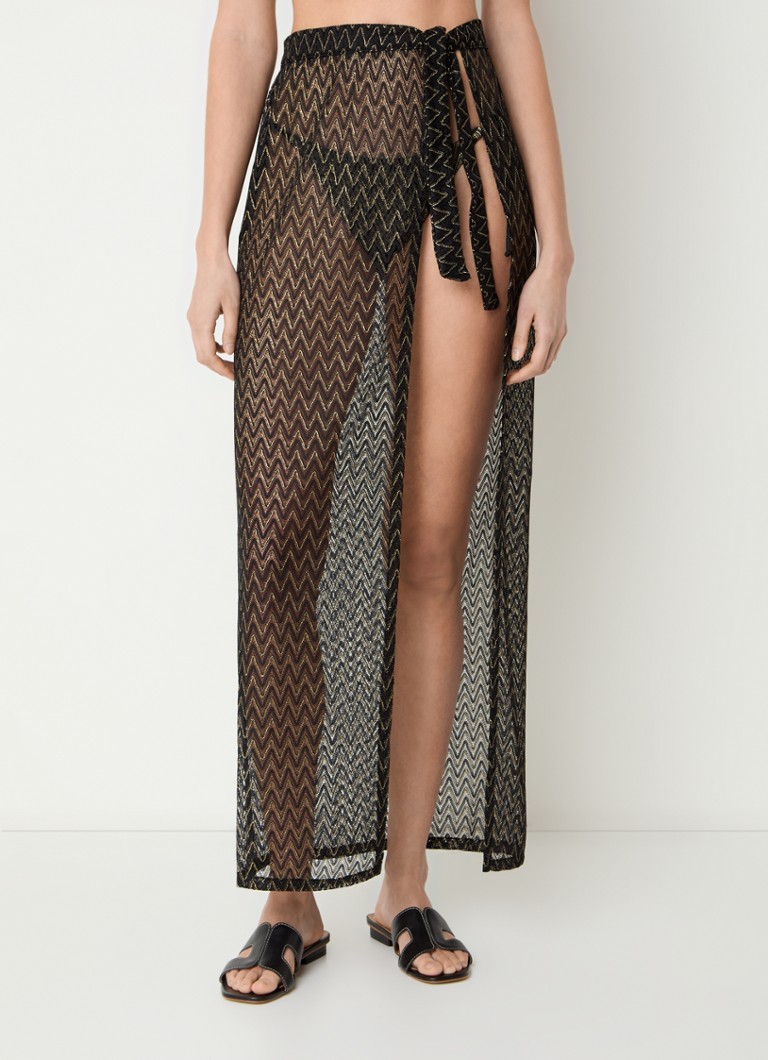 Luli Fama - Semi-transparante maxi strandrok met zig-zag dessin - Zwart