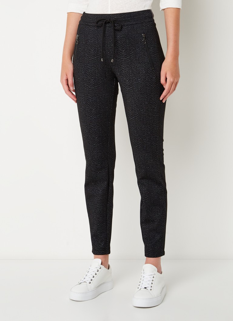 MAC - Easy high waist tapered fit cropped pantalon met visgraatdessin - Zwart