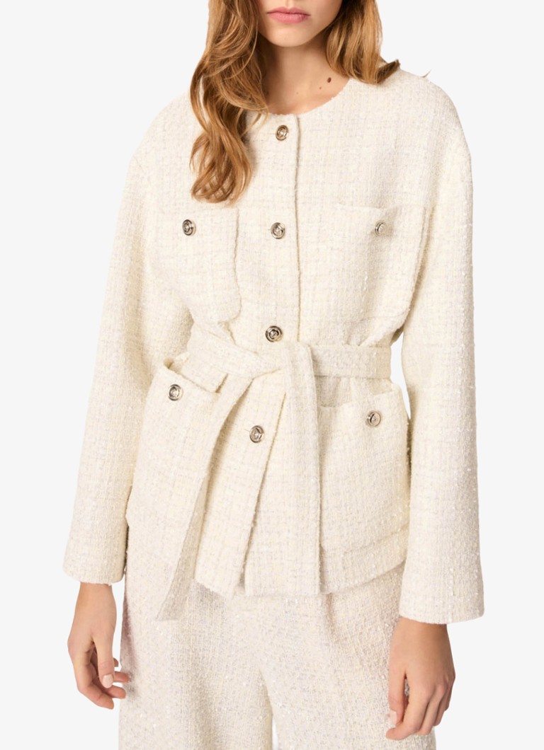 Maje - Blazer met tweed-look en strikceintuur - Creme