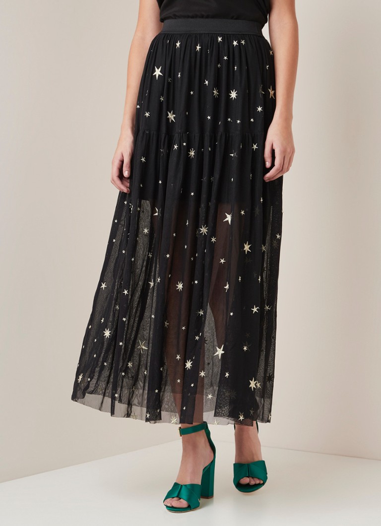Maje - Jistar maxirok van mesh met sterborduring - Diepzwart