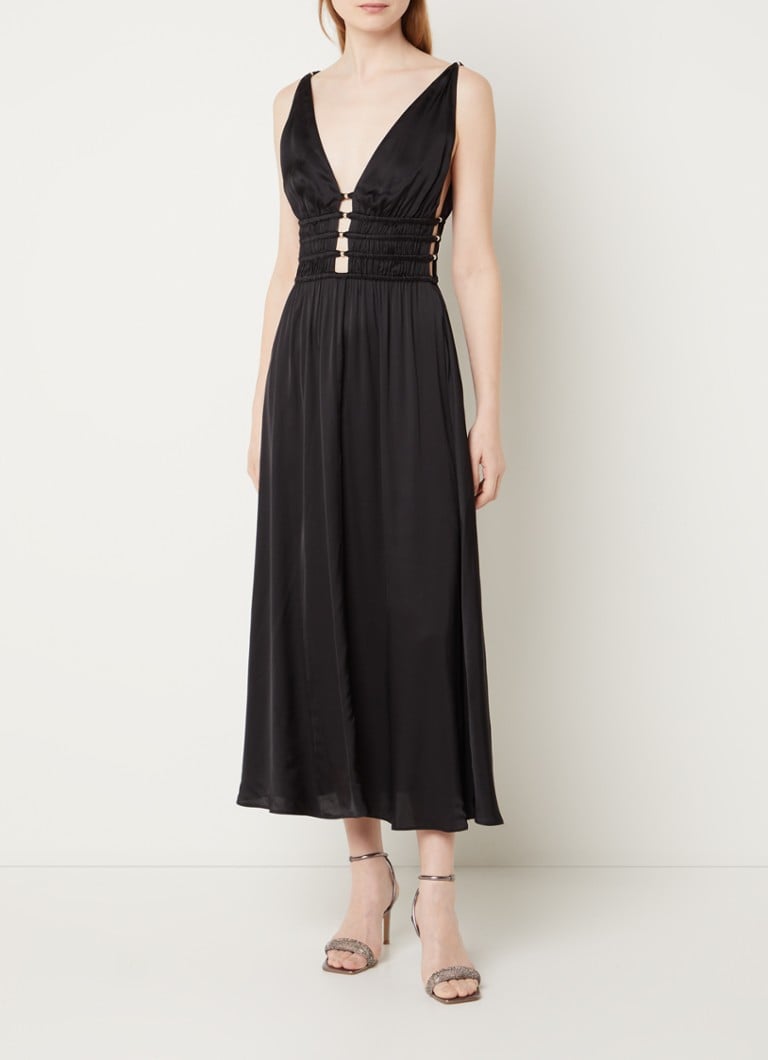 Maje - Midi jurk van satijn met cut-out detail en smockwerk - Zwart