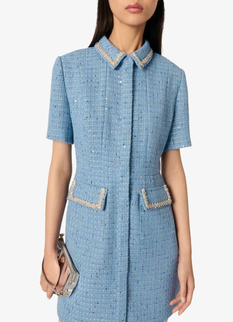Maje - Mini blousejurk met tweed-look en pailletten - Lichtblauw