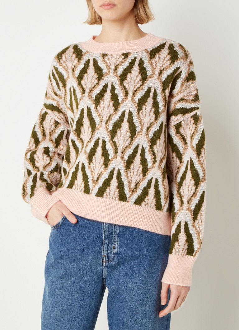 MANGO - Fijngebreide oversized fit sweater met geprint dessin - Roze