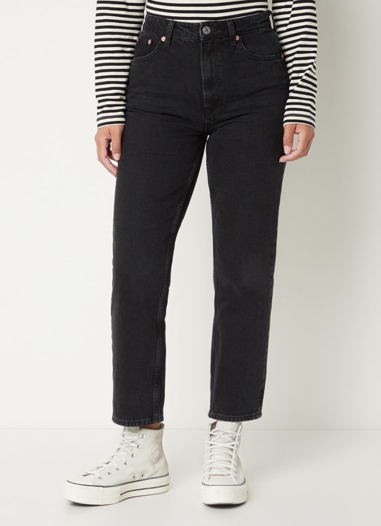 MANGO - Mom high waist straight leg cropped jeans met gekleurde wassing - Zwart