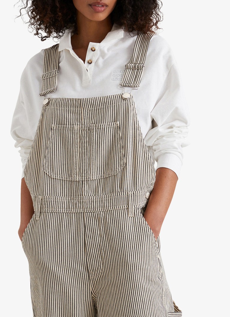 Marc O'Polo Denim - Loose fit tuinbroek van biologisch katoen met streepprint - Gebroken wit