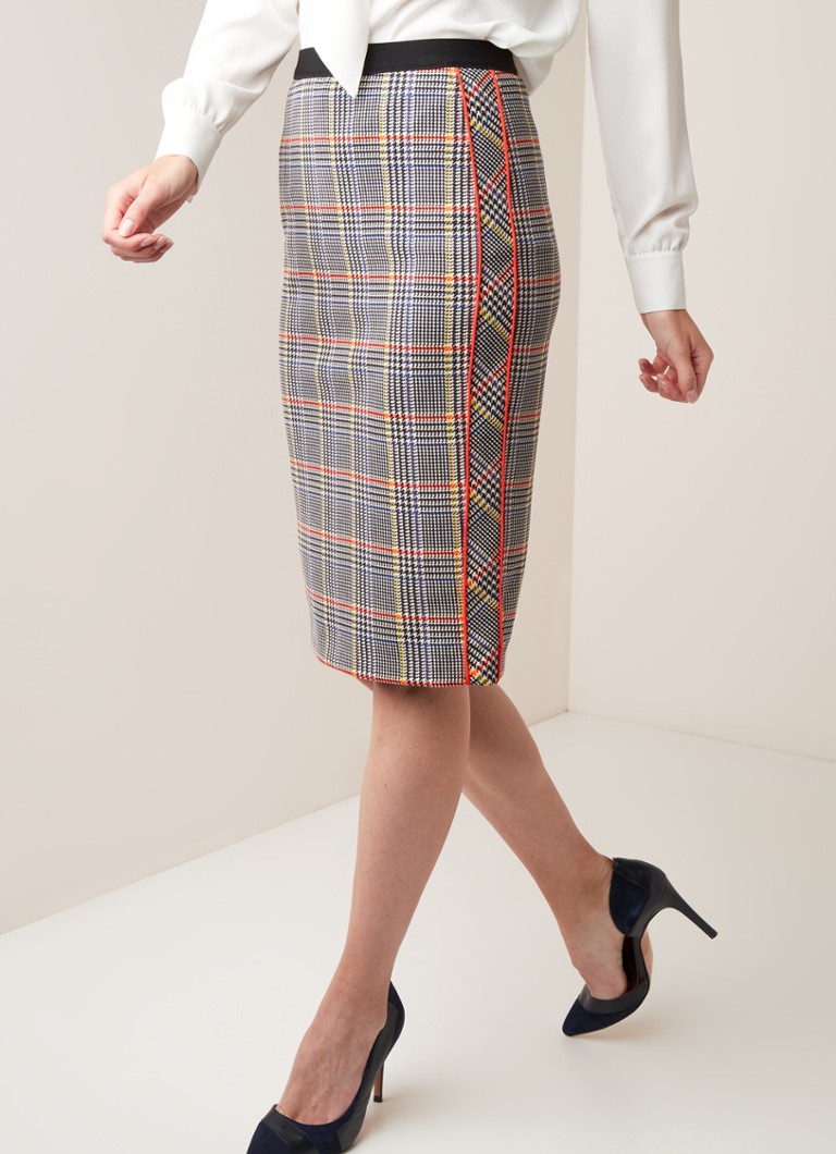 MarcCain - Kokerrok met ruitdessin en contrastbies - Donkerblauw