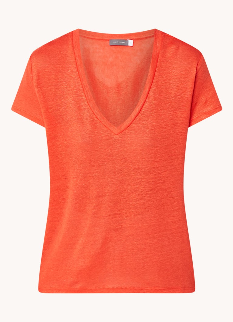 Efficiënt maandelijks adviseren Mint Velvet T-shirt van linnen met V-hals • Oranjerood • de Bijenkorf