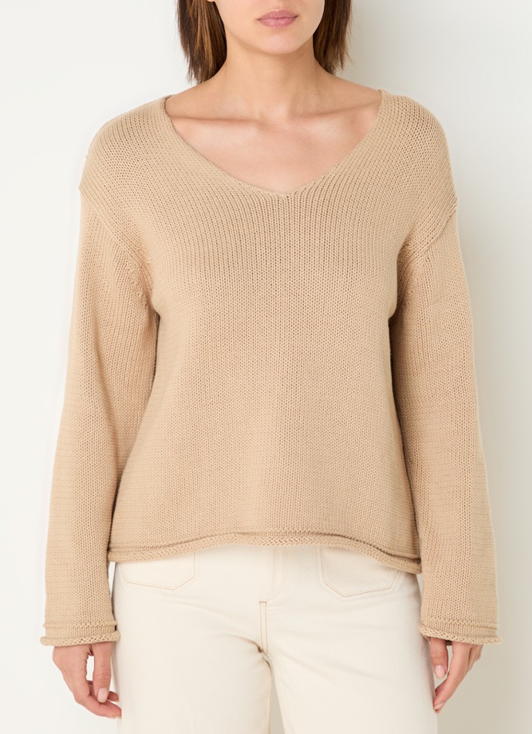 Mos Mosh - MMBine grofgebreide trui met V-hals - Beige