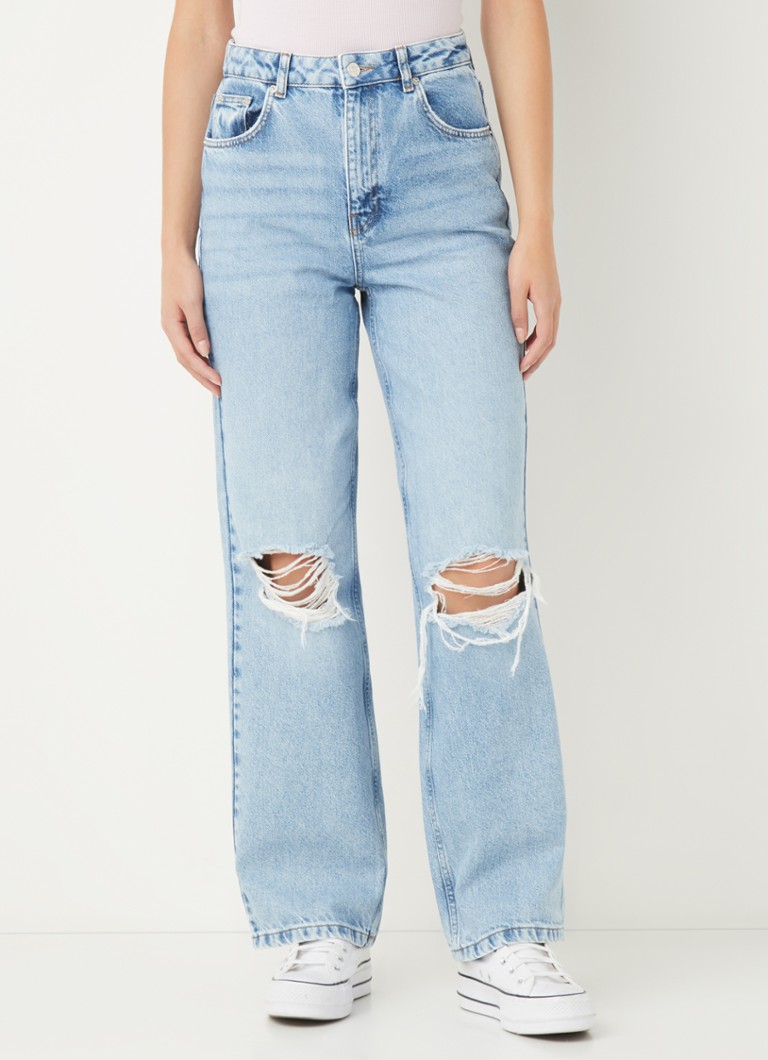 NA-KD - High waist loose fit jeans van biologisch katoen met ripped details - Indigo