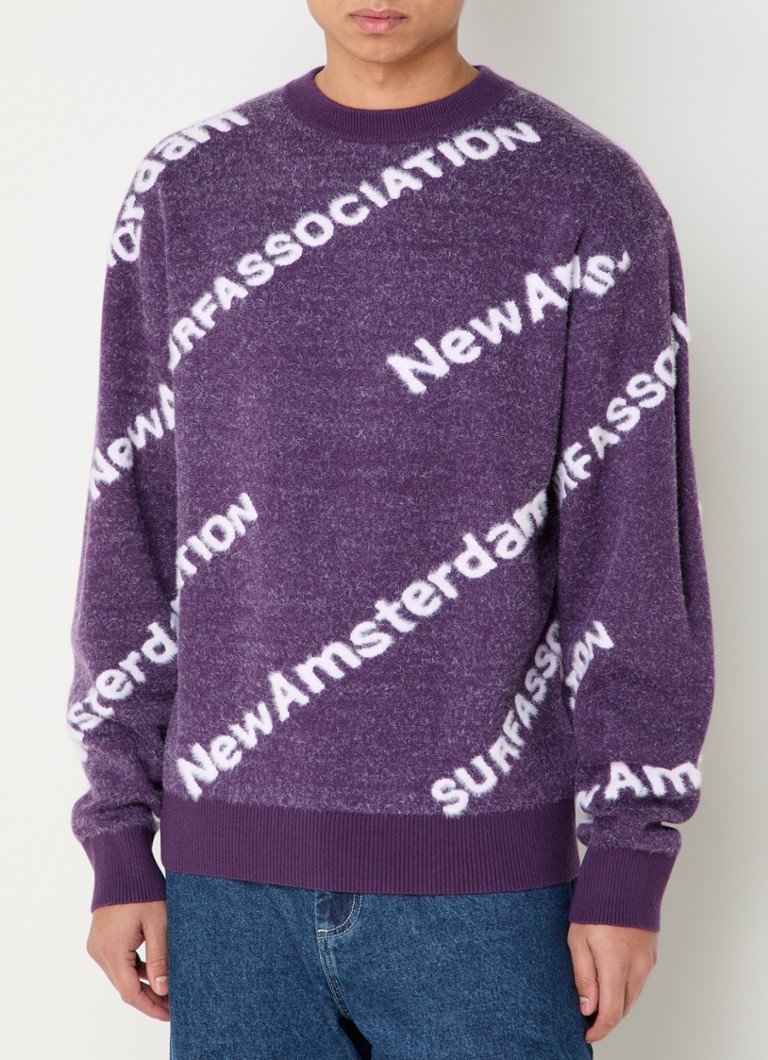 New Amsterdam Surf Association - Grofgebreide pullover in merino wolblend met ingebreide logoprint - Paars