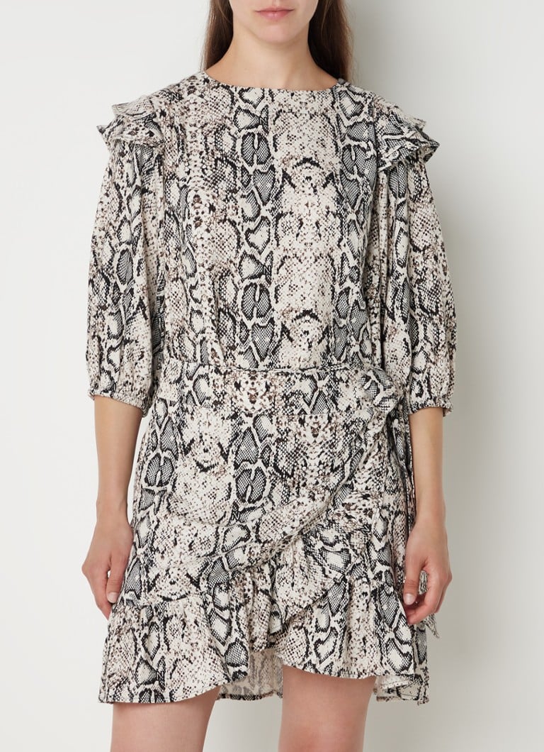 NIKKIE - Rosinda mini jurk in linnenblend met slangenprint en volant - Lichtbruin