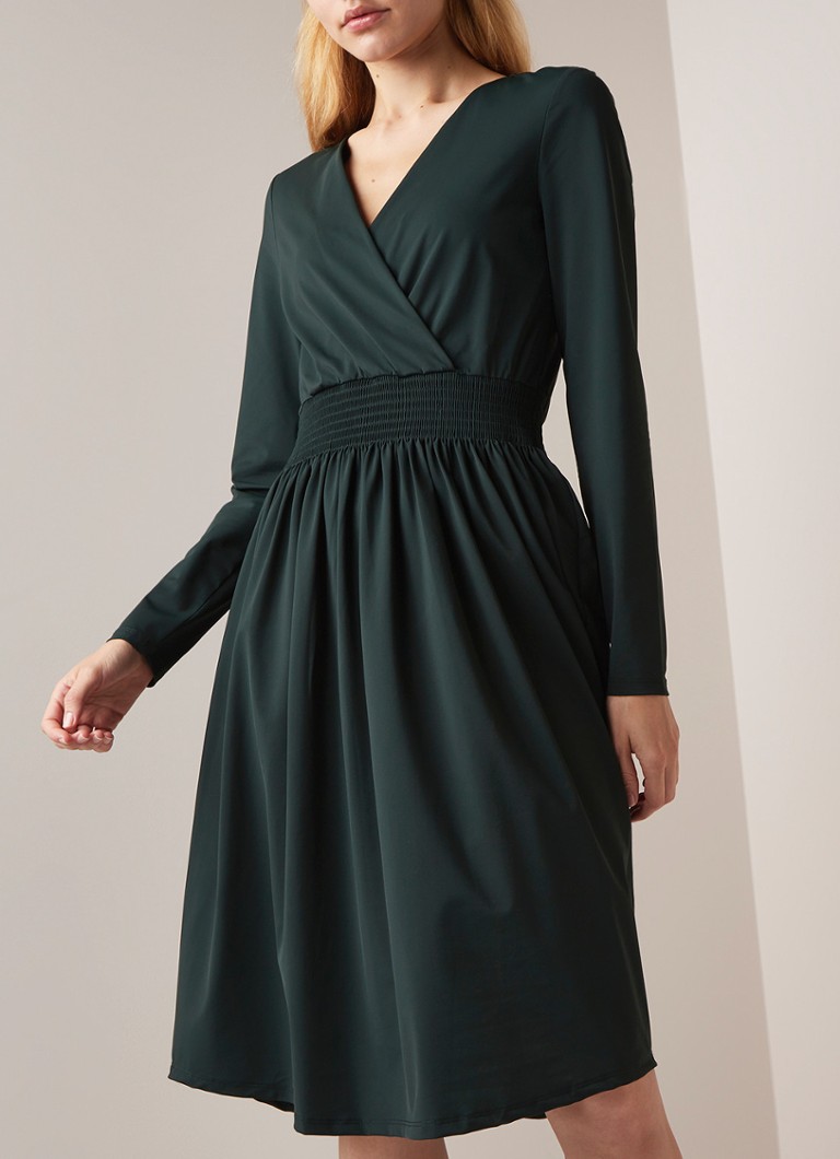Nikkie Suzy Midi Jurk Met V Hals En Gesmockte Taille Donkergroen
