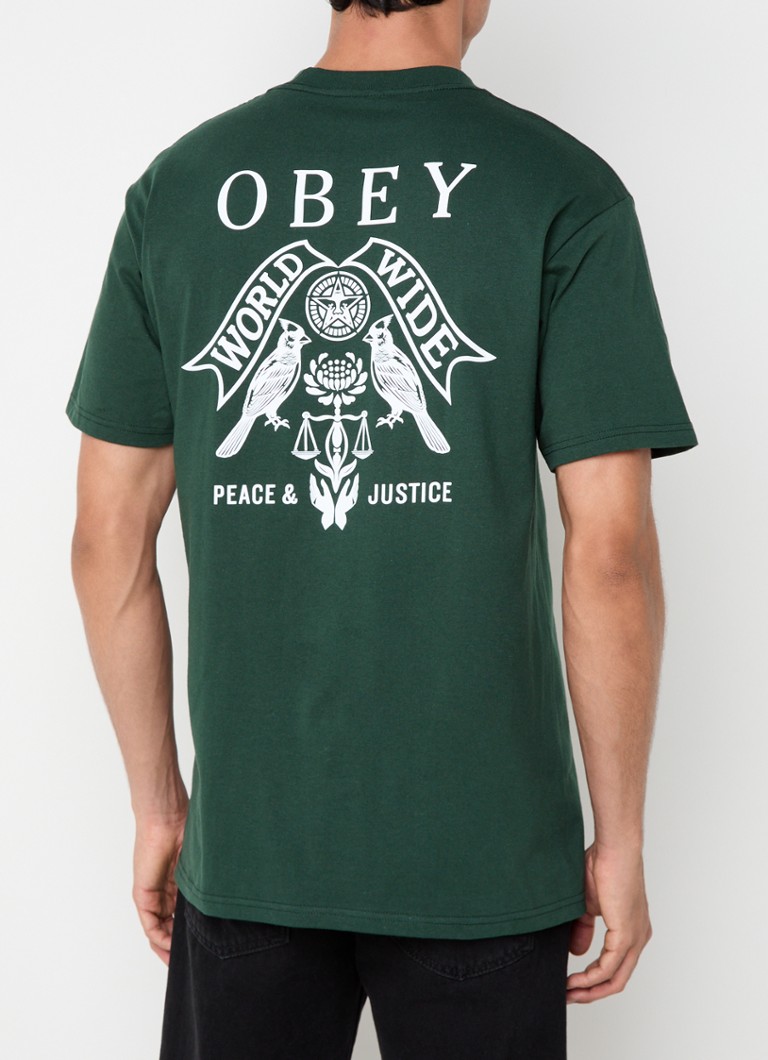 Obey - Birds Of Justic T-shirt met logo- en backprint - Donkergroen