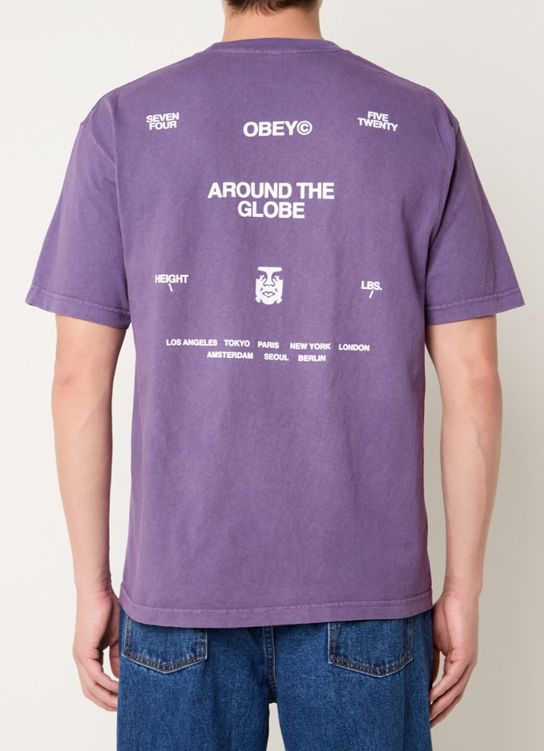 Obey - Obey Around The Globe T-shirt met logo- en backprint - Paars