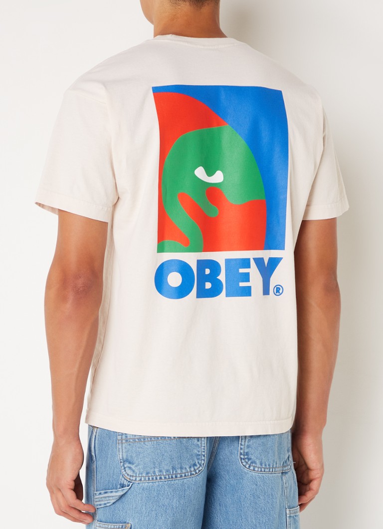 Obey - T-shirt met logo- en backprint - Creme