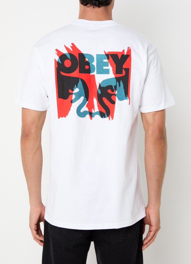 Obey - Torn Posters T-shirt met logo- en backprint - Wit