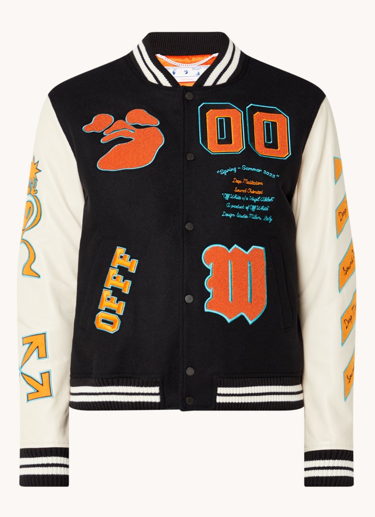 Off-White Varsity baseball jacket van leer met logoborduring • Zwart • de  Bijenkorf