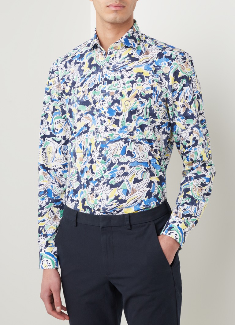 Olymp - Body fit overhemd met bloemenprint - Blauw