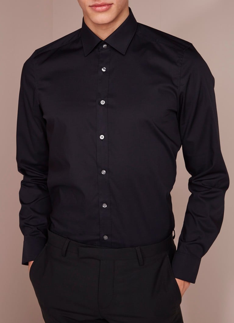 Olymp - Body fit strijkvrij overhemd van katoen - Zwart