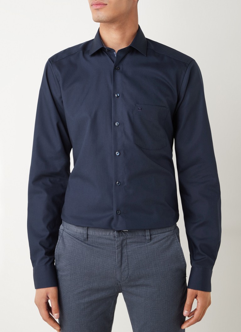 Olymp - Modern fit overhemd met borstzak - Donkerblauw