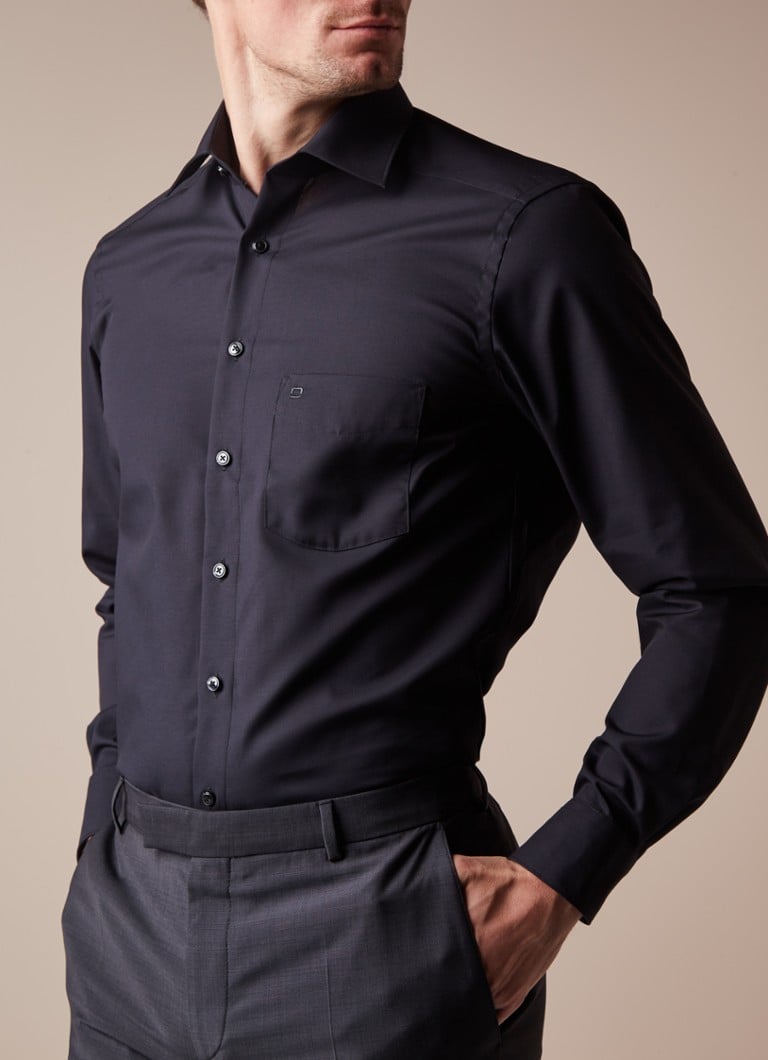 Olymp - Modern fit strijkvrij overhemd met borstzak - Zwart