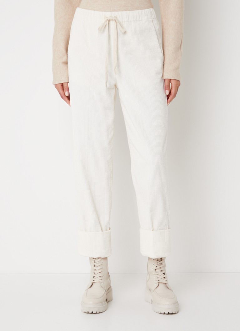 OPUS - Malpi high waist tapered fit cropped pantalon van corduroy met omslag - Gebroken wit