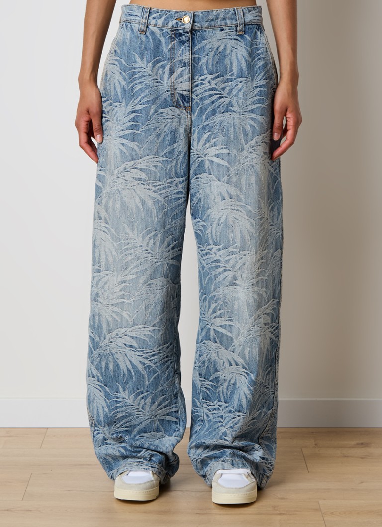 Palm Angels - Mid waist wide leg jeans met bladprint - Indigo