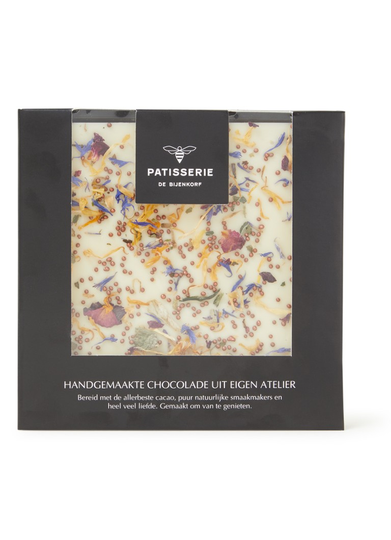 Patisserie de Bijenkorf - Witte chocolade tablet met bloemen en parels 140 gram - null