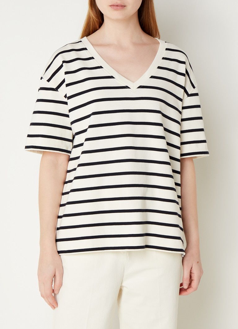 Penn & Ink - T-shirt met streepprint en V-hals - Gebroken wit