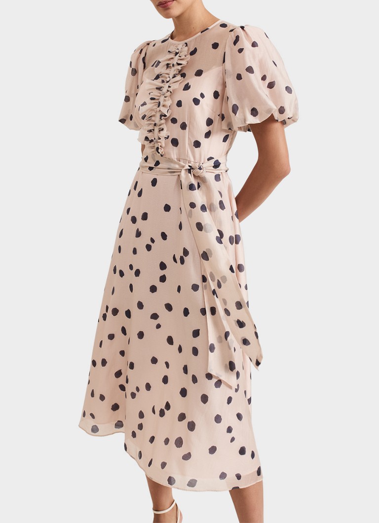 Phase Eight - Nicola midi jurk in lyocellblend met stippenprint en strikceintuur - Lichtroze