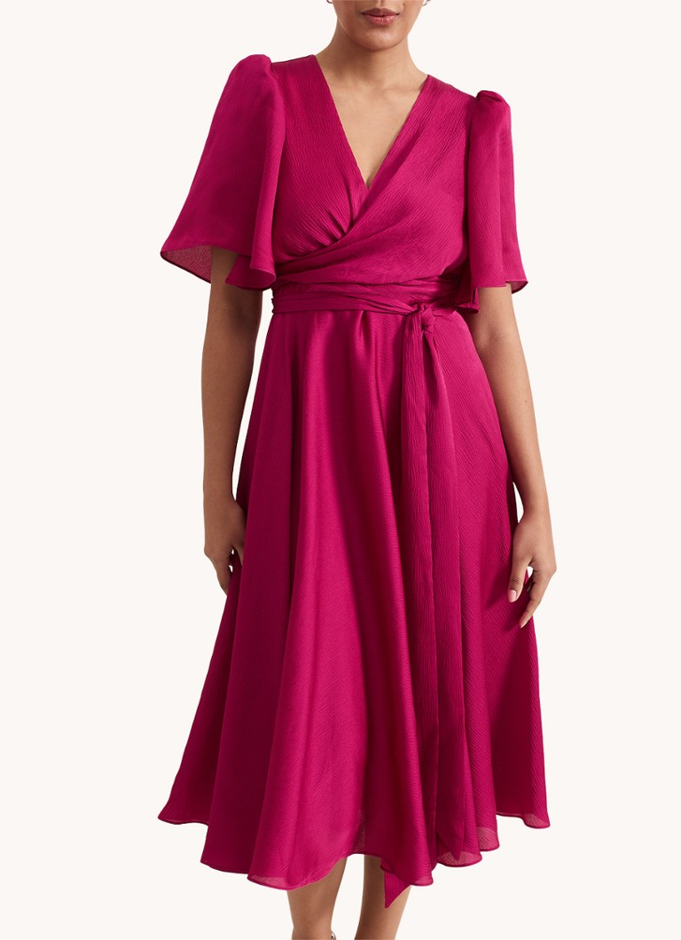 Phase Eight - Petite Abbie midi jurk met strikceintuur - Donkerroze