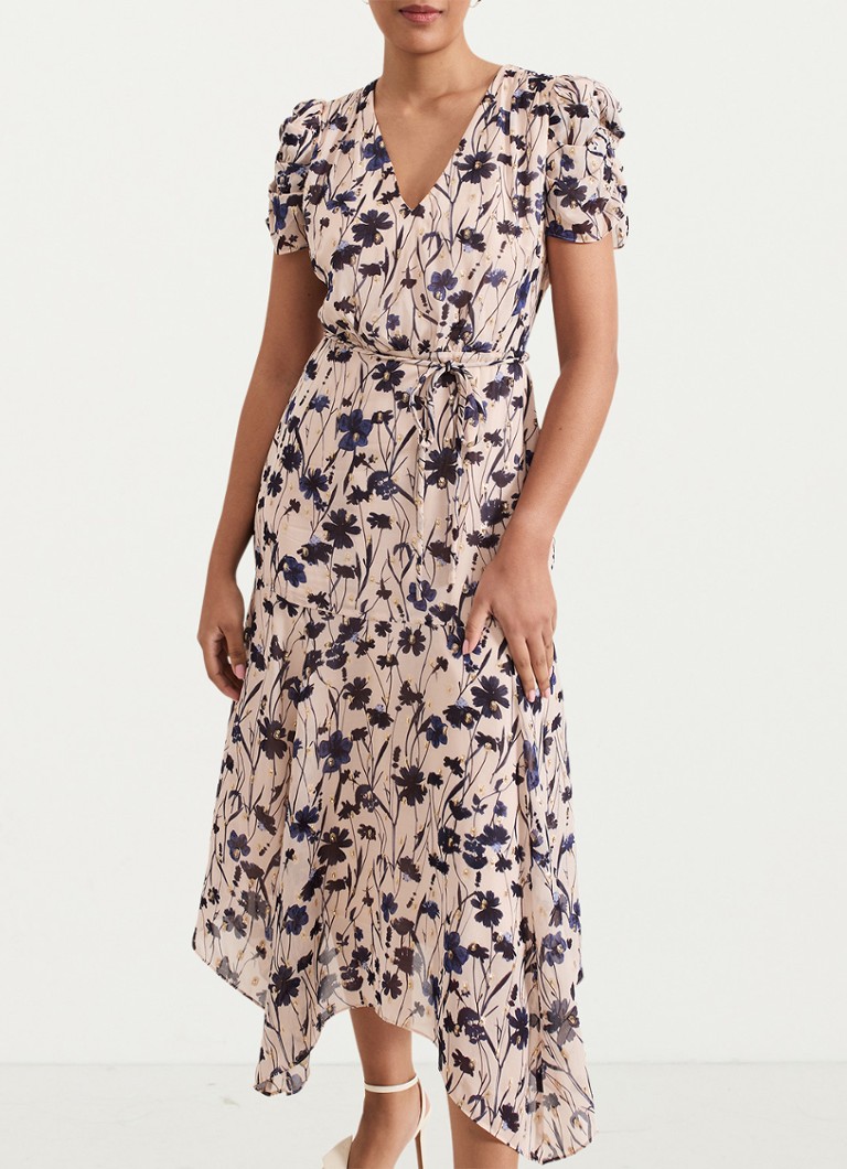 Phase Eight - Petite midi jurk met bloemenprint en asymmetrische zoom - Beige