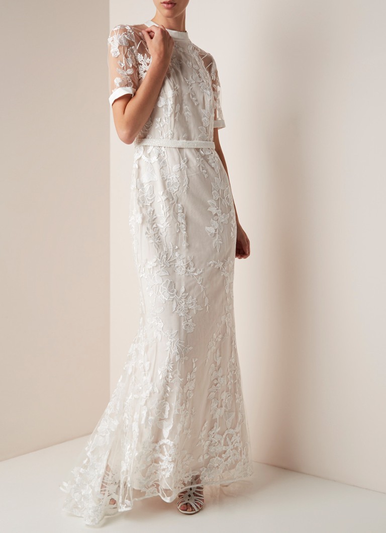 Phase Eight - Poppy trouwjurk van kant met bloemendessin en ceintuur - Creme