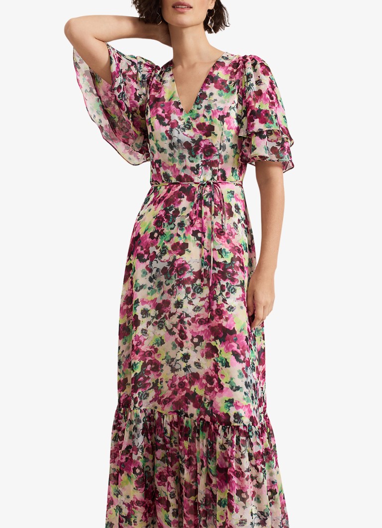 Phase Eight - Violet midi jurk met bloemenprint en strikceintuur - Donkerroze