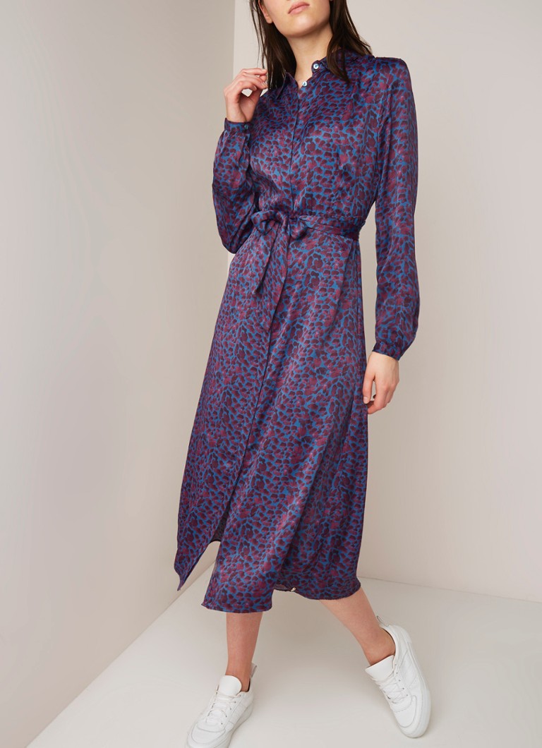POM Amsterdam - Hidden Gems maxi blousejurk met dessin en strikceintuur - Blauw