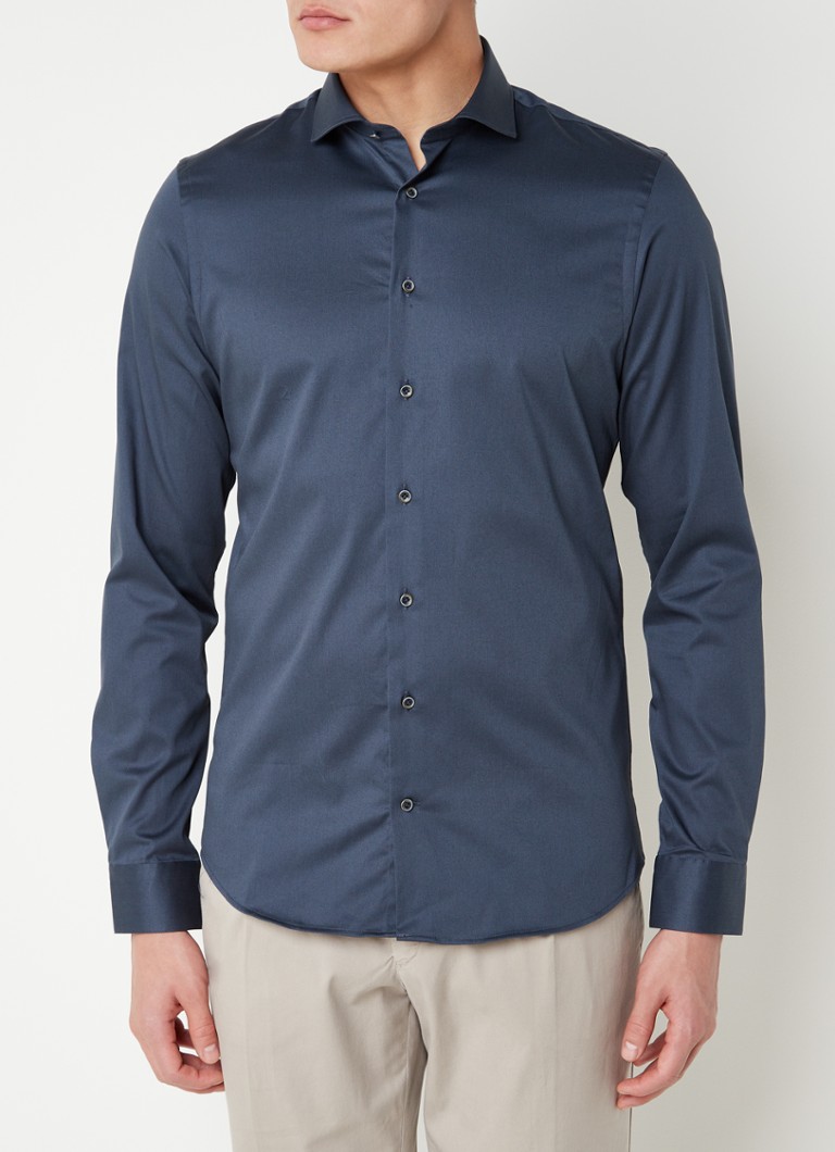 Profuomo - Extra slim fit strijkvrij overhemd met stretch - Donkerblauw