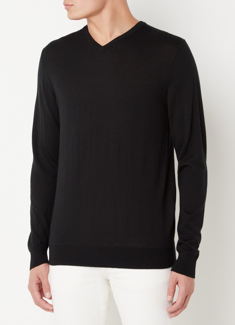 Profuomo - Fijngebreide pullover van merino wol met V-hals  - Zwart