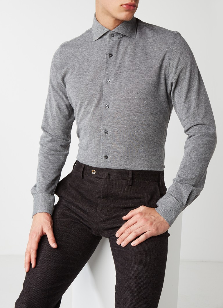 Profuomo - Knitted Shirt slim fit overhemd van piqué katoen - Middengrijs