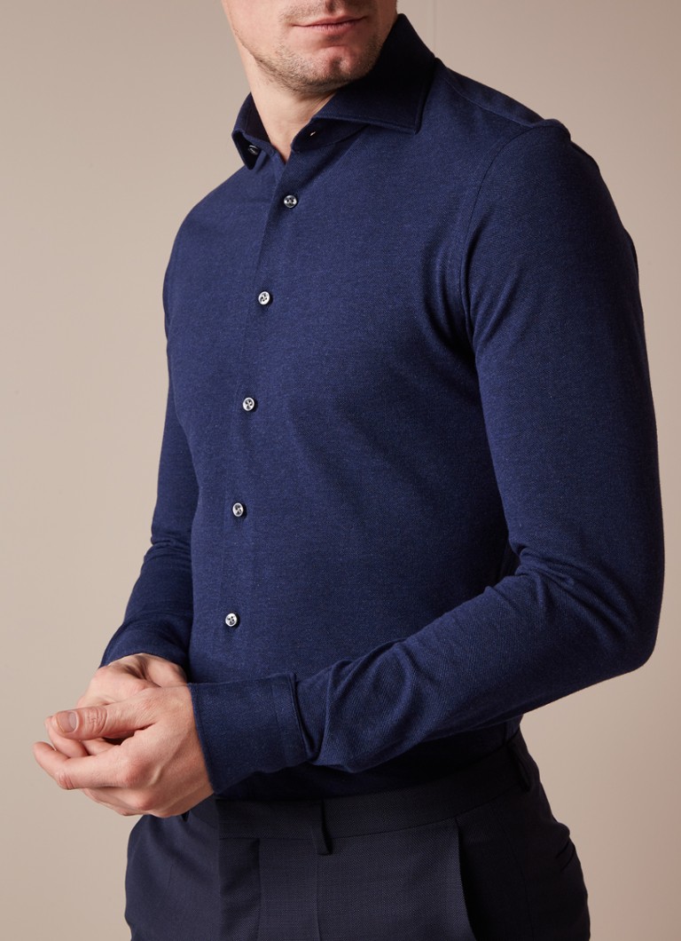 Profuomo - Knitted Shirt slim fit overhemd van piqué katoen - Donkerblauw