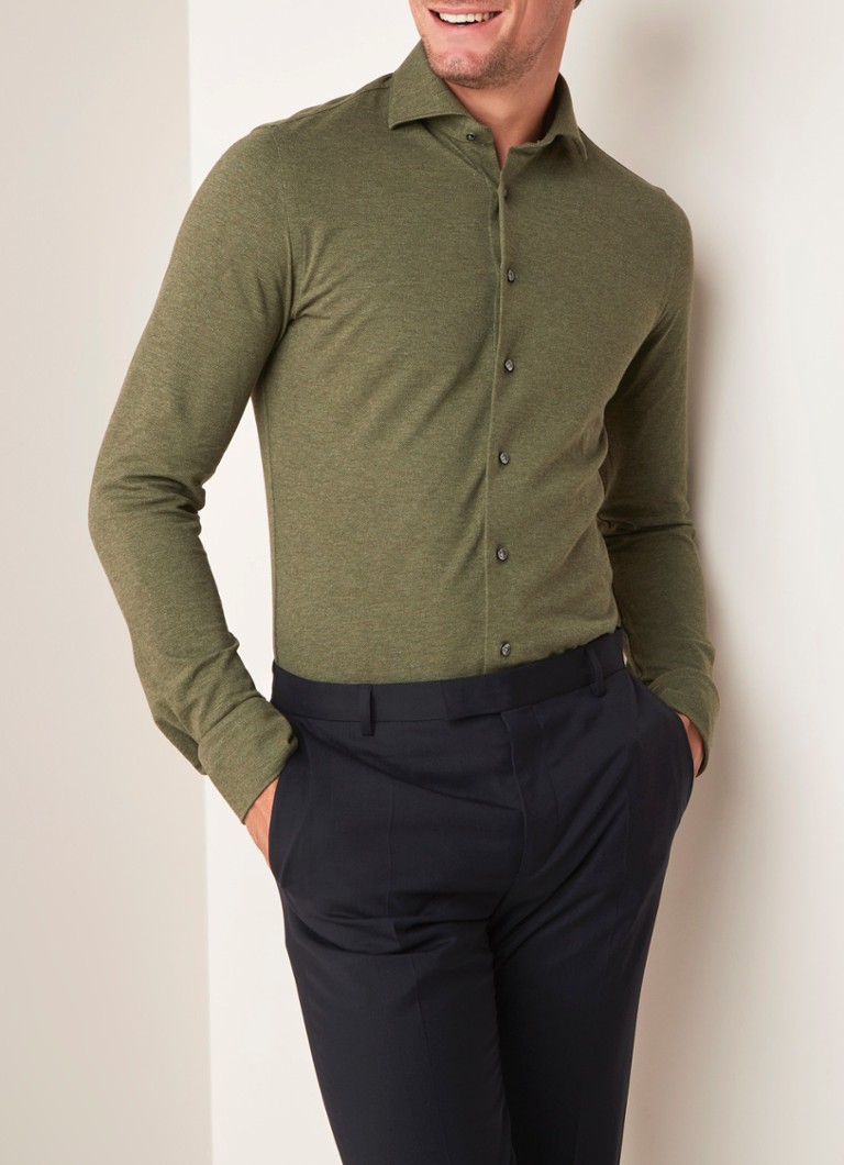 Profuomo - Knitted Shirt slim fit overhemd van piqué katoen - Mosgroen