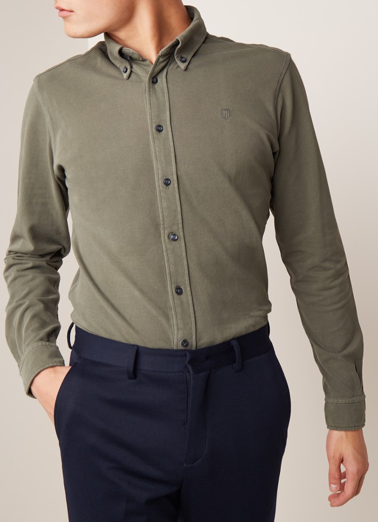 Profuomo - Slim fit button down-overhemd van piqué katoen - Legergroen