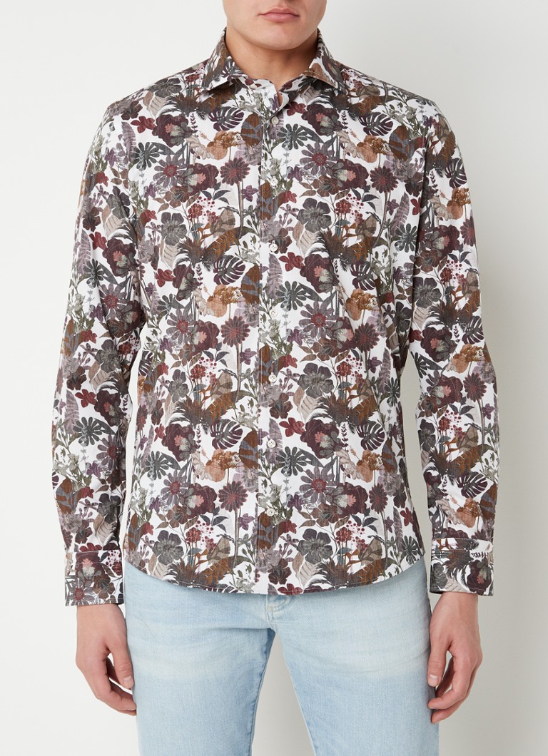 Profuomo - Slim fit overhemd met bloemenprint - Legergroen