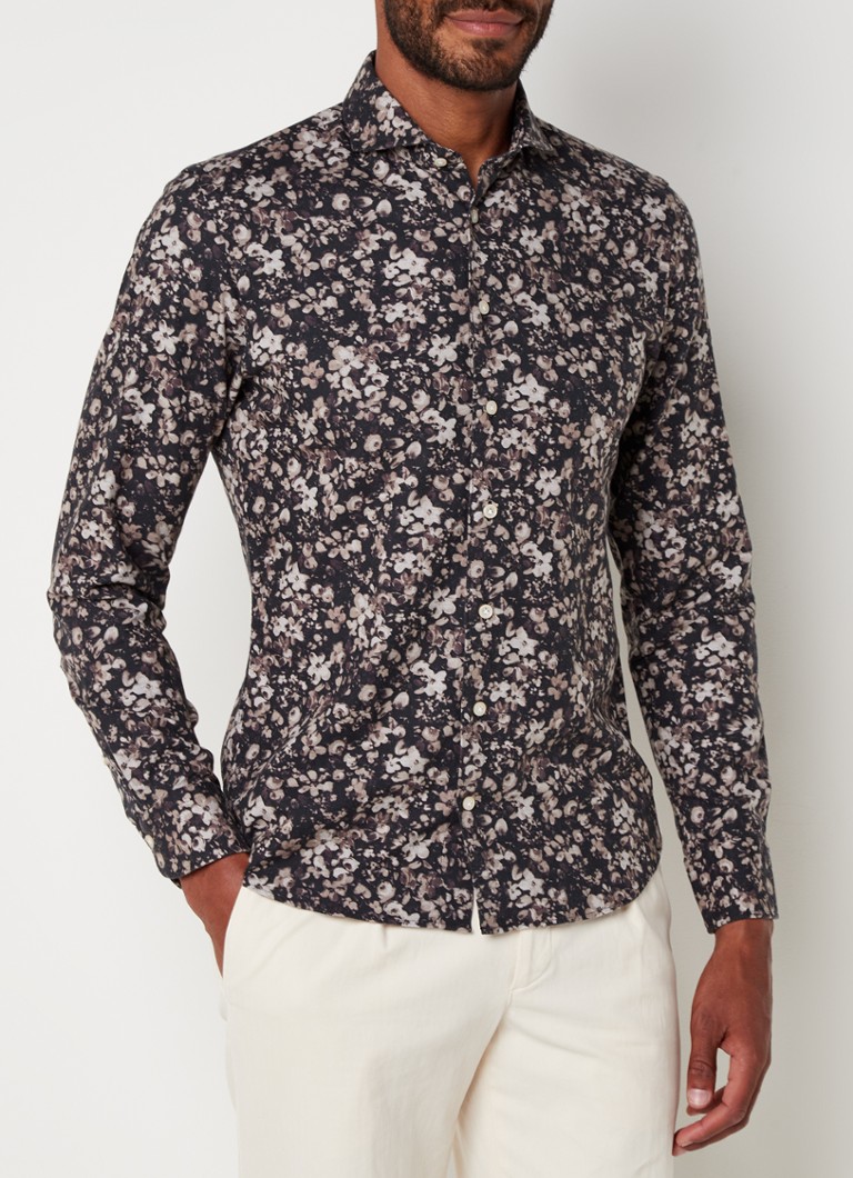 Profuomo - Slim fit overhemd met bloemenprint  - Zwart